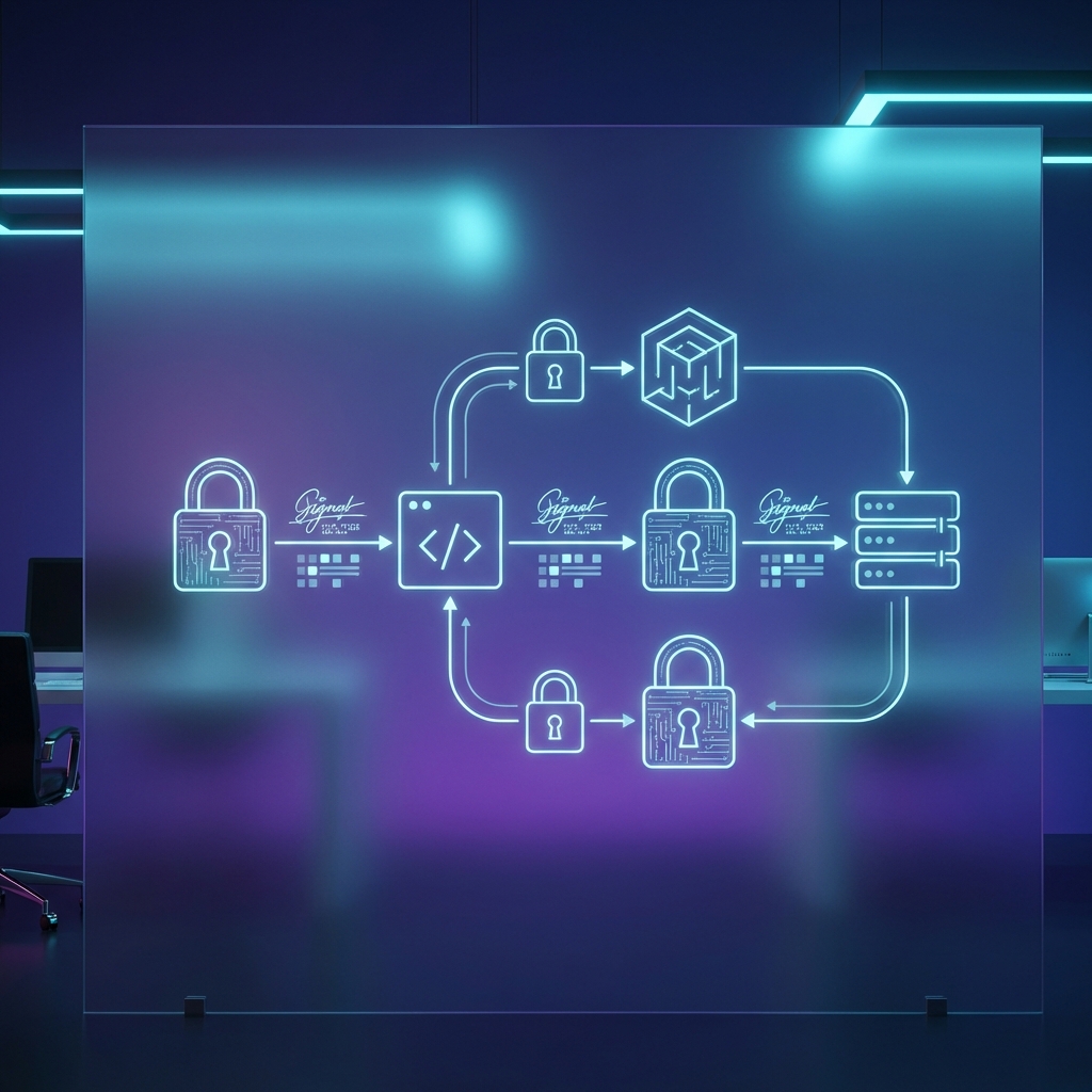 Secure CI/CD pipeline diagram showing cryptographic signing and verification across build, staging, and production environments